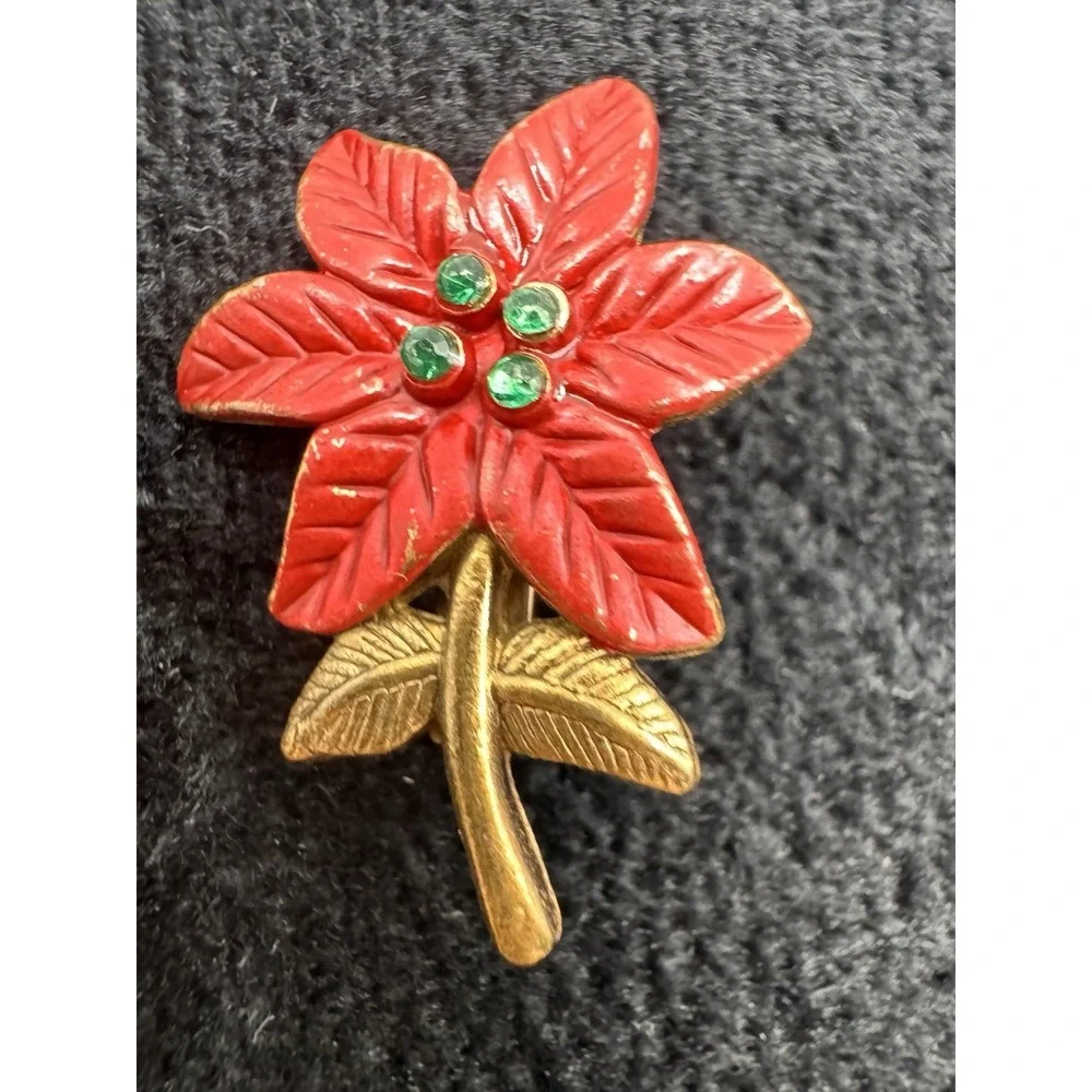 Vintage Poinsettia Brooch Red Enamel Green Rhinestone Gold Tone Christmas Pin Pe